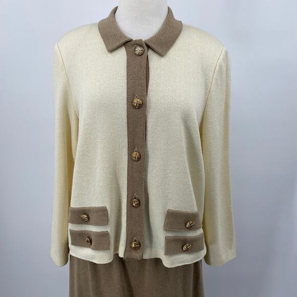 Vintage Mita 2 Piece Knit Cardigan & Skirt Set Matching Cream Tan Womens 18 - Picture 3 of 11